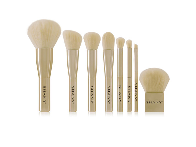 SHANY Gold Getter Cosmetics Brush Set – Premium Travel Makeup Brush Kit with Chrome Finish - Includes Portable Canvas Brush Holder Tote and Bonus Kabuki Brush - 7 PCS
