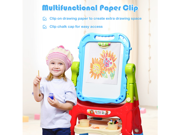 Costway Height Adjustable Kids Art Easel Magnetic Double Sided Board w/ Accessories Pink\Blue - Blue
