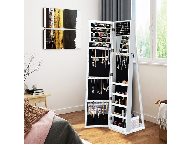 Costway Mirrored Jewelry Cabinet Lockable Standing Storage Organizer W/ Shelf - White