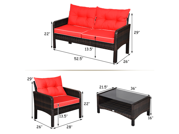 Costway 4PCS Patio Rattan Furniture Set Loveseat Sofa Coffee Table Garden W/Red Cushion - Red