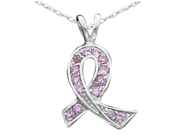 Pink Synthetic Cubic Zirconia (CZ) (CZ) Ribbon Pendant Necklace in Sterling Silver with Chain