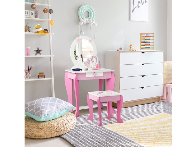 Costway Kids Vanity Makeup Dressing Table Chair Set Wooden with Mirror Drawer - White and pink