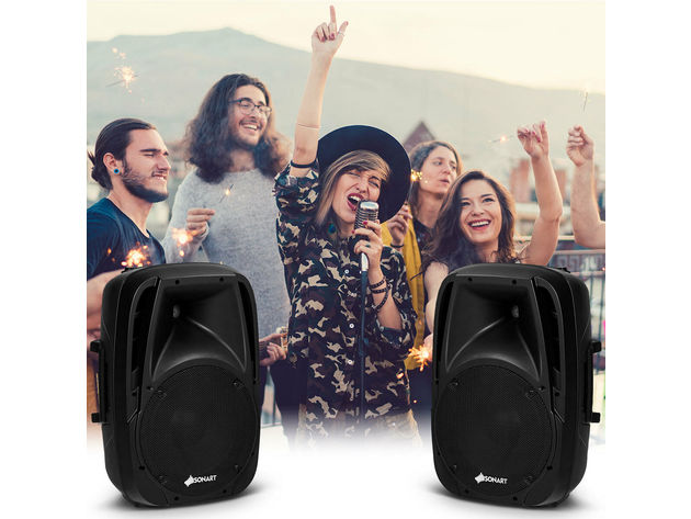Sonart Dual 10'' Protable 1600W Powered Speakers w/  Mic Speaker Stands Control - black