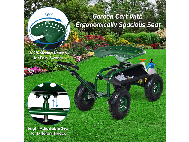 Costway Garden Cart Rolling Work Seat w/Tray Basket E xtendable Handle Green - Green