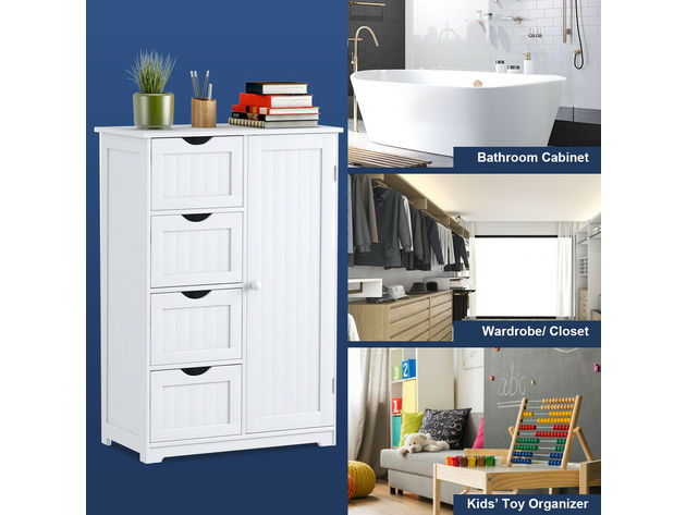 Costway Wooden 4 Drawer Bathroom Cabinet Storage Cupboard 2 Shelves Free Standing White