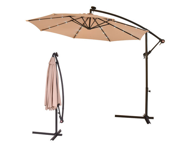 Costway 10' Hanging Solar LED Umbrella Patio Sun Shade Offset Market W/Base Beige