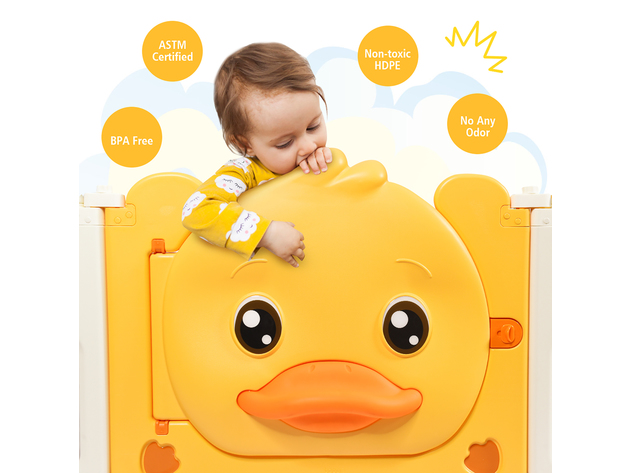 Costway 14-Panel Foldable Baby Playpen Kids Yellow Duck Yard Activity Center w/ Sound - Yellow + White