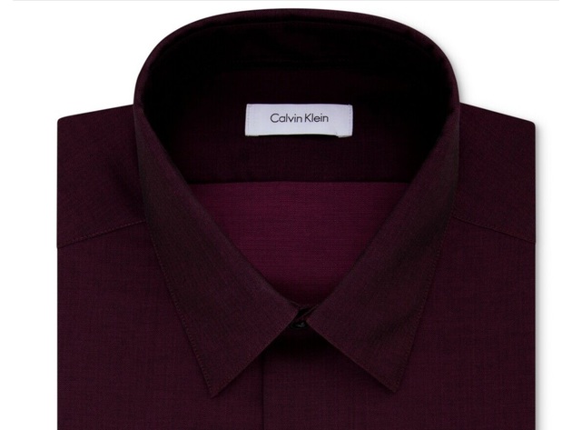 Calvin Klein Men's Steel Slim Fit Non Iron Performance Herringbone Point  Collar Dress Shirt Dark Red Size 34-35