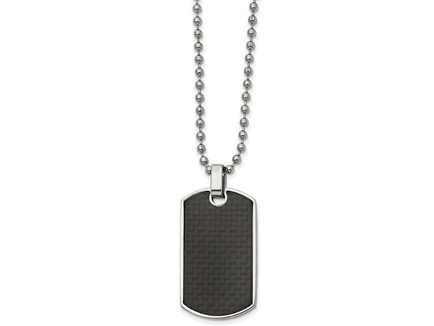 Mens Black Carbon Fiber and Wood Reversible Dog Tag Pendant Necklace in Stainless Steel with Chain