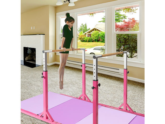 Costway Kids Gymnastics Parallel Bars Double Horizontal Bars Adjustable Width Height - Pink