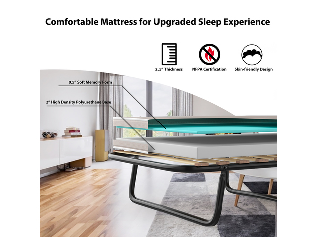 Costway Folding Bed w/Memory Foam Mattress Metal Guest Sleeper Wood Slats