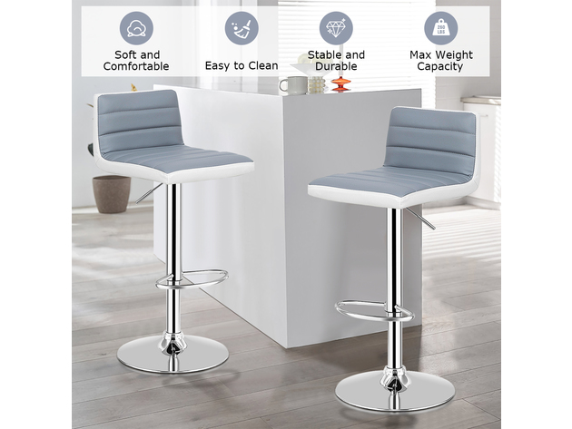 Costway Set of 2 Bar Stools Adjustable Barstool PU Leather Swivel Pub Chairs Armless - Gray + White