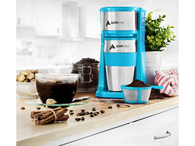 AdirChef Mini Travel Single Serve Coffee Maker & 15oz Travel Tumbler (Blue)