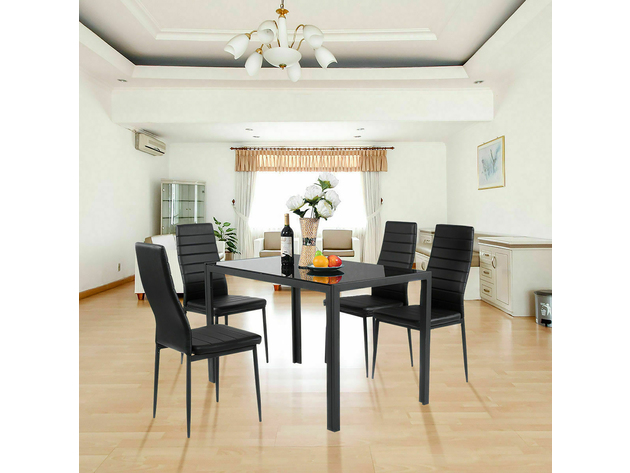 Costway 5 Piece Kitchen Dining Set Glass Metal Table and 4 Chairs Breakfast Furniture Black