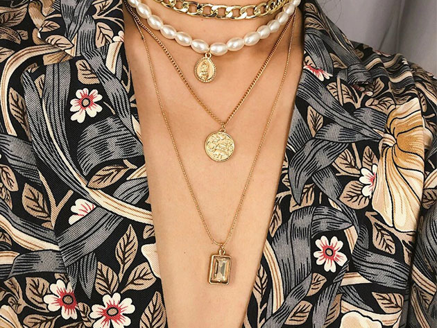4-Piece Necklace Set: Choker, Pearl, Coin, Pendant