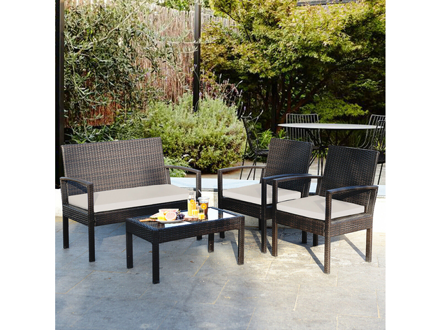 Costway 4 Piece Rattan Patio Furniture Set Garden Lawn Sofa Wicker Cushioned Seat Brown, Beige