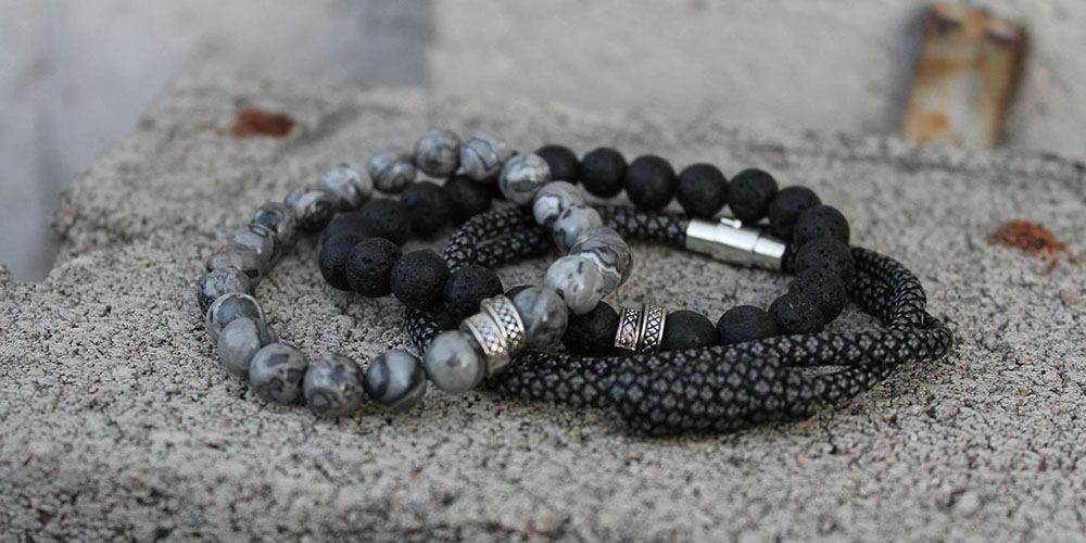 Elite Bracelets with Lava Rock & Silver Agate: 3-Pack