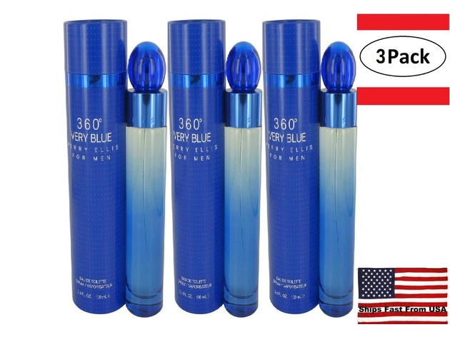 3 Pack Perry Ellis 360 Very Blue by Perry Ellis Eau De Toilette Spray 3.4 oz for Men
