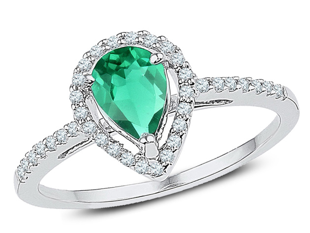 3/4 Carat (ctw) Lab Created Emerald Teardrop Ring in 10K White Gold with Diamonds 1/5 (ctw I2-I3) - 6