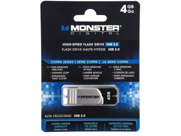 Monster Digital Coppa 4GB USB 2.0 Flash Drive with Integrated Twist Cover No Cap To Lose, FAT File System Makes The Drive Compatible with PC and Mac Systems, Black/Gray (New Open Box)