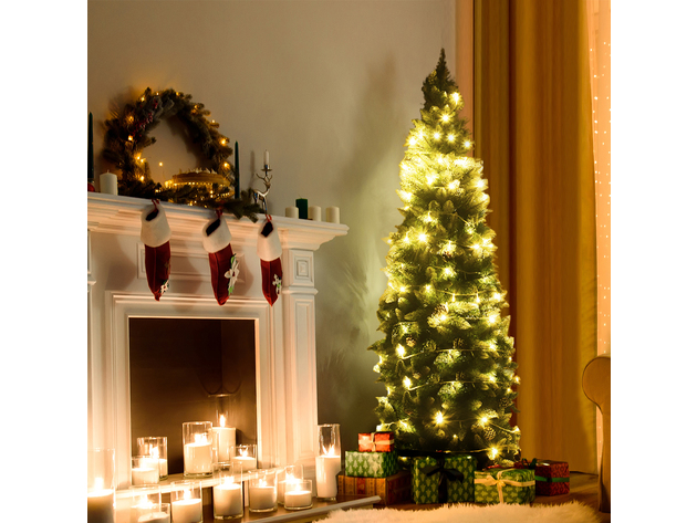 Costway 7.5ft Snow Flocked Pencil Christmas Tree Hinged Pine Cones - Green, White