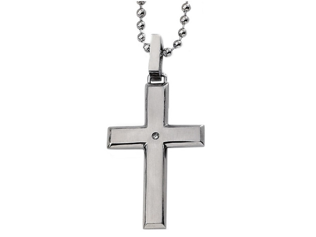 Mens Cross Pendant Necklace in Stainless Steel with Diamond Accent and Chain