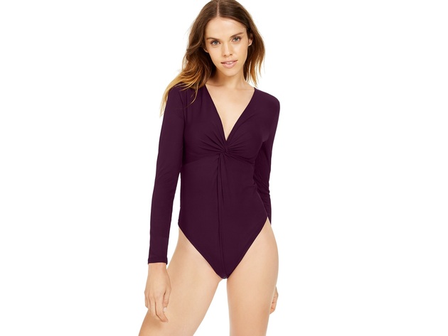 Bar III Women's Twisted Thong Bodysuit Black Currant Size Small