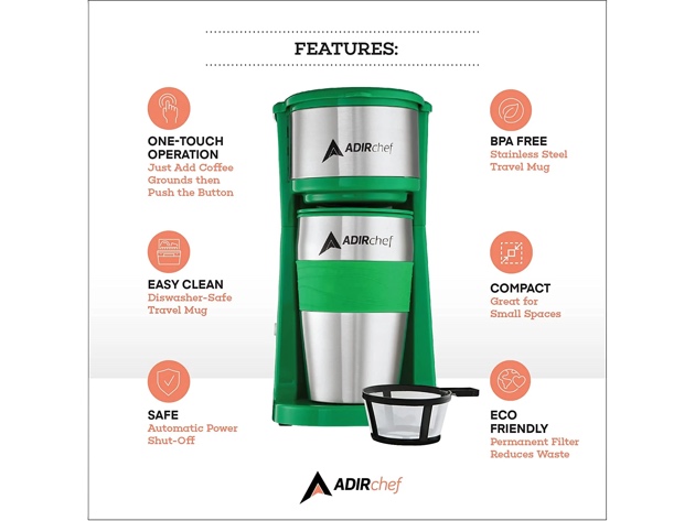 AdirChef Mini Travel Single Serve Coffee Maker & 15oz Travel Tumbler (Green)