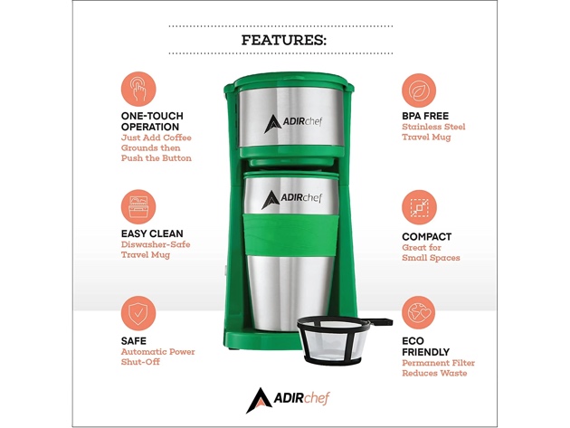 AdirChef Mini Travel Single Serve Coffee Maker & 15oz Travel Tumbler  (Green)