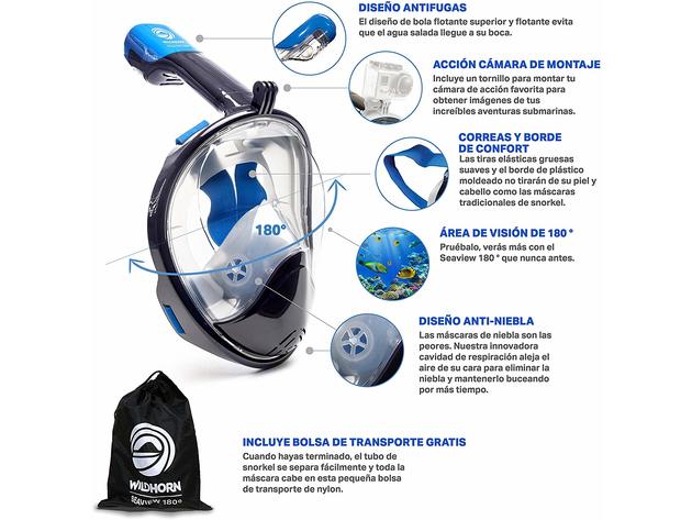 WildHorn Seaview 180° Compatible Snorkel Mask FullFace X-Large - Navy Blue/Gray