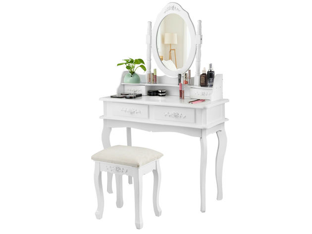 Costway Vanity Makeup Dressing Table Jewelry Storage Stool - White