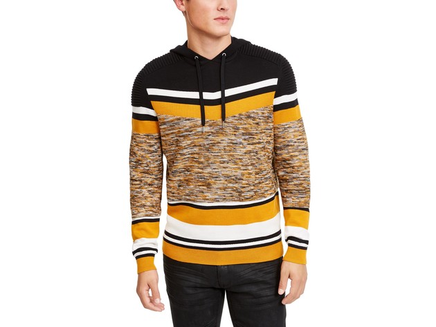 INC International Concepts Men's Striped Hooded Sweater Deep Black Size Medium
