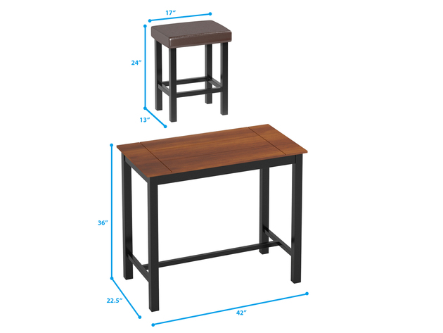 Costway 3 Piece Pub Table Set Counter Height Kitchen Breakfast Bar Dining Table w/Stools