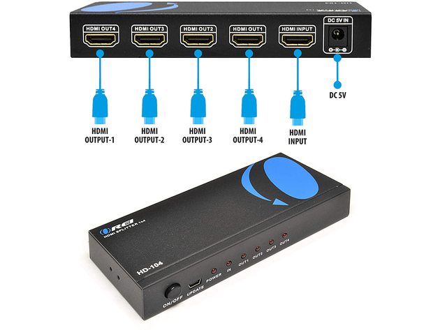 1x4 HDMI Splitter by OREI - 1 Port to 4 HDMI Display Duplicate/Mirror - Powered Splitter Ver 1.3 Certified for Full HD 1080P High Resolution & 3D Support (One Input To Four Outputs) - Adapter Included