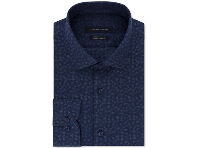 Tommy Hilfiger Men's Slim-Fit Non-Iron Thflex Performance Stretch Floral-Print Supima Cotton Dress Shirt Blue Size 34-35