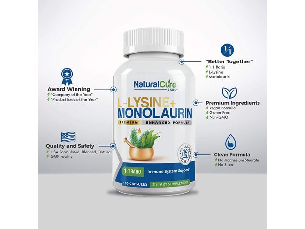 Natural Cure Labs L-Lysine+ Monolaurin 600mg 1:1 Ratio - Immune System Support, 100 Capsules Dietary Supplement