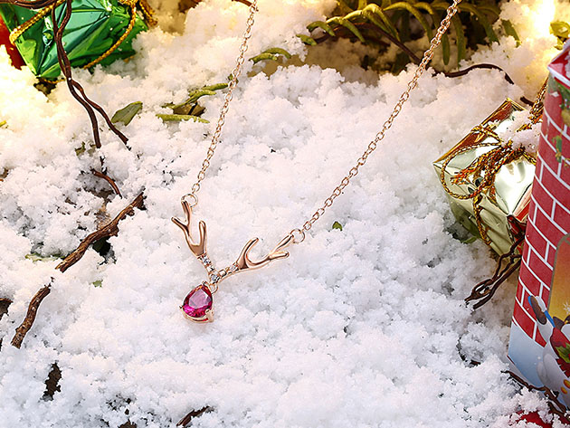 Dangling Antlers Necklace with Red Swarovski Crystal (Rose Gold)