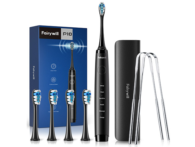 Fairywill P10 Ultrasonic Rechargeable Toothbrush w/ 4 Brush Heads & 2 Tongue Scrapers