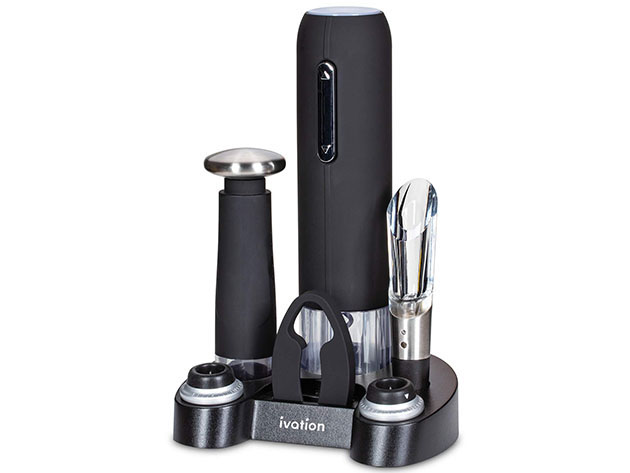 Ivation 7 Piece Wine Set, Electric Wine Opener, Wine Aerator & More! - Matte black
