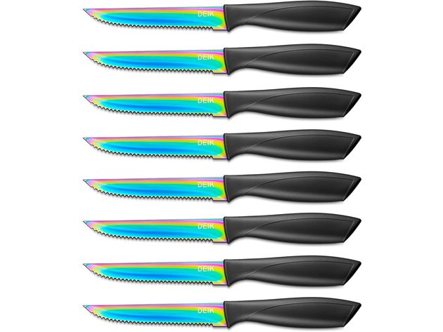 DEIK Knives, Steak Knives Set of 8, Rainbow Titanium Coated Stainless Steel Steak Knives, Super Sharp Serrated Steak Knife with Gift Box