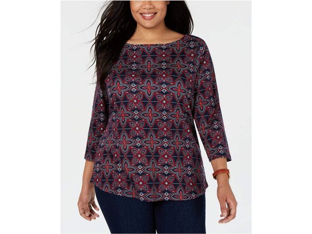 Charter Club Women's Plus Size Cotton Printed 3/4-Sleeve Top Red Size 2X