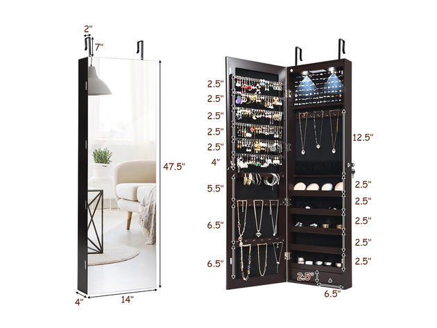 Costway Mirrored Wall Jewelry Cabinet W/ Lights&Drawer - Brown