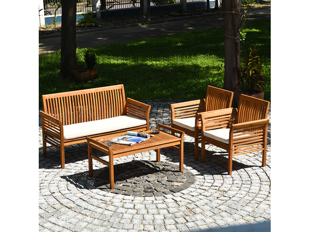 Costway 8 Piece Outdoor Acacia Wood Sofa Furniture Set Cushioned Chair Coffee Table Garden