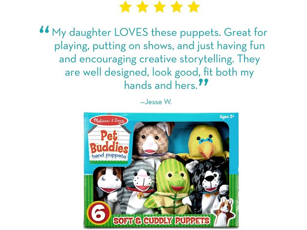 Melissa & Doug Highest Quality Standards Pet Buddies Washable Soft Hand Puppets Set (New Open Box)