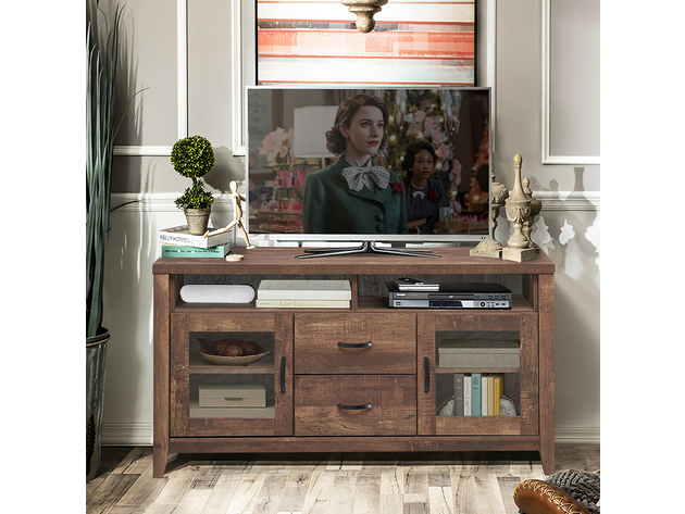 Costway TV Stand Tall Entertainment Center Hold up to 58'' TV w/ Glass Storage & Drawers - Walnut