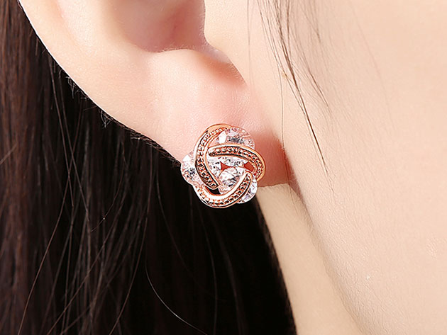 Knot Stud Earrings with Swarovski Crystal Set in 18K Rose Gold Plating