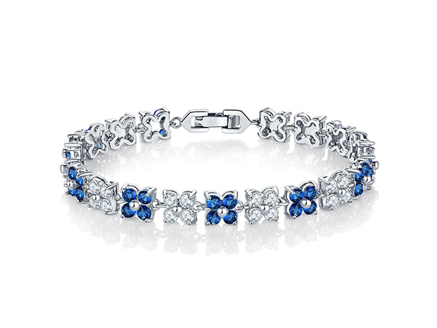 Flower Tennis Bracelet with Sapphire & White Diamond Cubic Zirconia