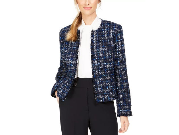 Calvin Klein Women's Tweed Frayed-Edge Jacket Blue Size 12