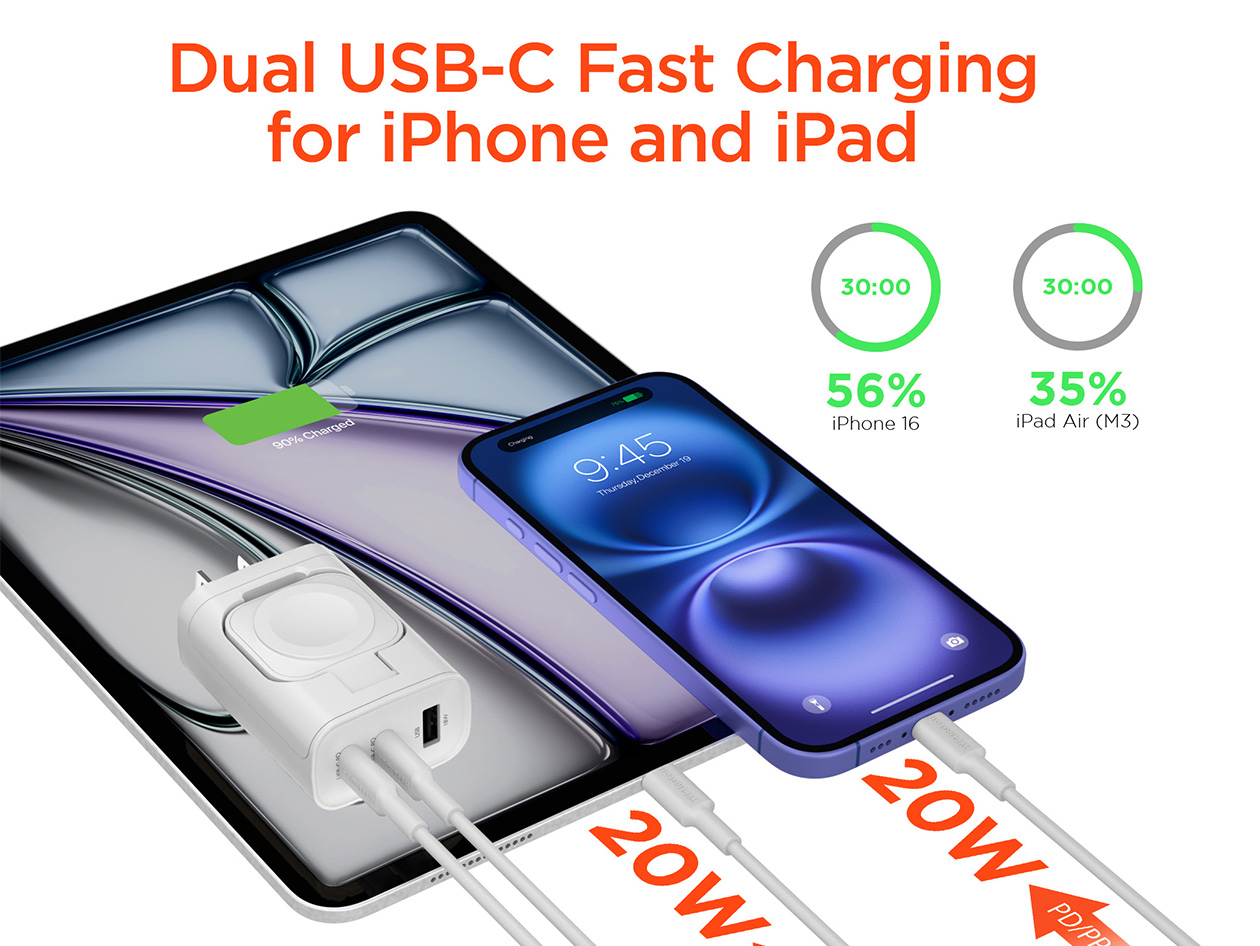 HyperGear SpeedBoost 43W 3-Port USB-C Wall Charger with Built-In Apple Watch Charger