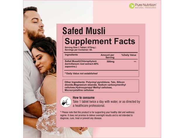 Pure Nutrition Safed Musali A Vitality Product Improves Stamina and Power 675mg - 60 Veg Tablets